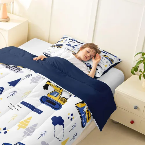 Miniatura 6 de Juego de edredón de camión de construcción para niños, tamaño individual, juego de ropa de cama de automóviles de dibujos animados para niños