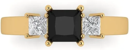 0.89ct Corte Princesa 3 piedras Solitario Wacento Negro Onyx Diseñador Boda Nupcial Art Deco Aniversario Anillo de 14k Oro Amarillo