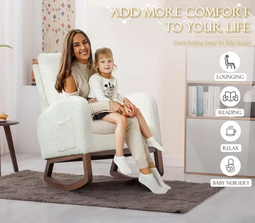 Miniatura 6 de Comfy - Silla mecedora tapizada para guardería o relajación, sillón de sala de estar con respaldo alto, mecedora moderna con bolsillo lateral