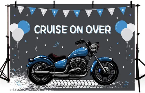 Miniatura 2 de MEHOFOND Telón de fondo de cumpleaños de motocicleta para niños, decoración de globos azules y blancos de carreras geniales para deportes extremos