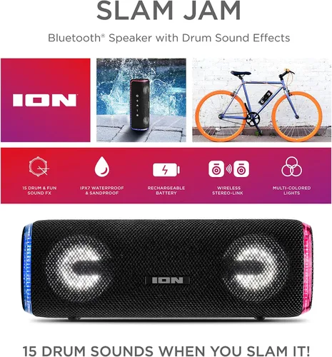 Miniatura 8 de ION Audio Slam Jam-IPX7 - Altavoz Bluetooth impermeable con micrófono, batería recargable, 15 sonidos de batería, entrada auxiliar y puerto de carga