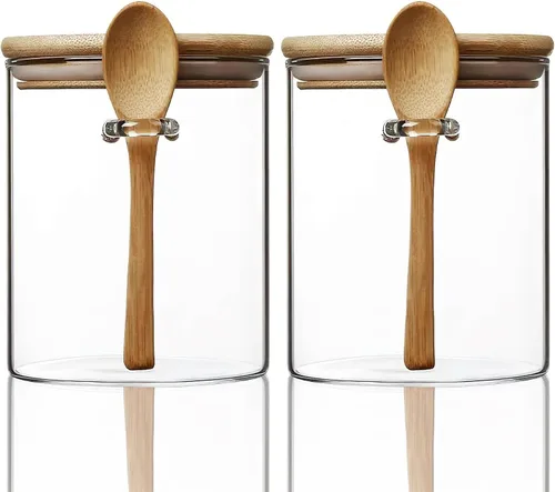 Miniatura 8 de MOLFUJ Recipiente de almacenamiento de vidrio transparente de 15 onzas con tapa hermética, pequeño recipiente decorativo con cuchara de madera