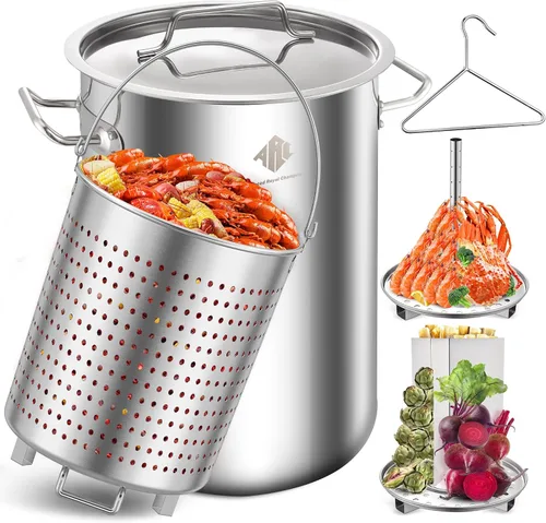ARC - Olla de acero inoxidable de 32 cuartos de galón para hervir mariscos con cesta y estante de vapor, utensilios de cocina para cangrejos de