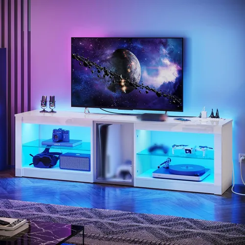 Miniatura 2 de Bestier Soporte de TV para TV de 70 pulgadas, centro de entretenimiento para juegos para PS5, gabinete de TV LED con estantes de vidrio para sala