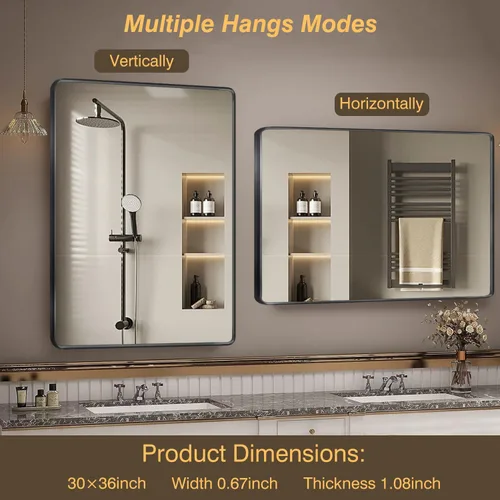 Miniatura 5 de Espejos con marco negro para baño, espejo rectangular de 55 x 30 pulgadas con esquinas redondeadas para pared, espejo de tocador negro mate