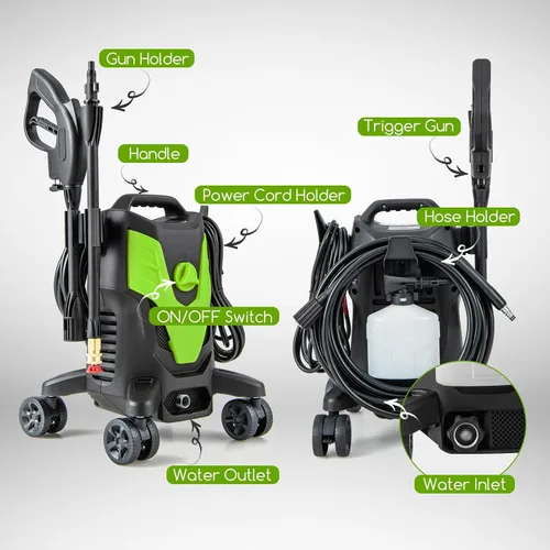 Miniatura 8 de Goplus Lavadora a presión eléctrica, 2400 PSI 1.7 GPM Lavadora de alta presión con 4 boquillas rápidas y ruedas universales, lavadora a presión