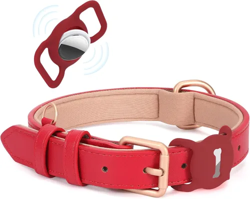 Miniatura 10 de Airtag - Collar de cuero para perro pequeño, mediano y grande, ajustable, suave, acolchado, collar de cachorro, collar de hebilla de metal Rosa