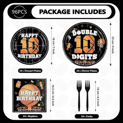 Miniatura 2 de 96 piezas de suministros para fiesta de cumpleaños de 10 años, platos y servilletas desechables de baloncesto y deportes, juego de vajilla