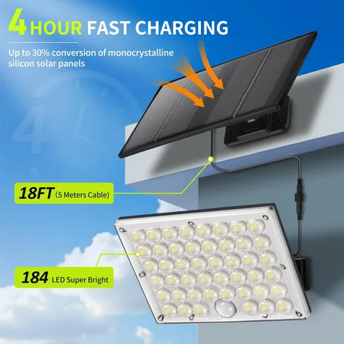 Miniatura 3 de Pack de 2 luces solares con 184 LED para exteriores, con sensor de movimiento, luces solares de pared impermeables al aire libre con 3 modos