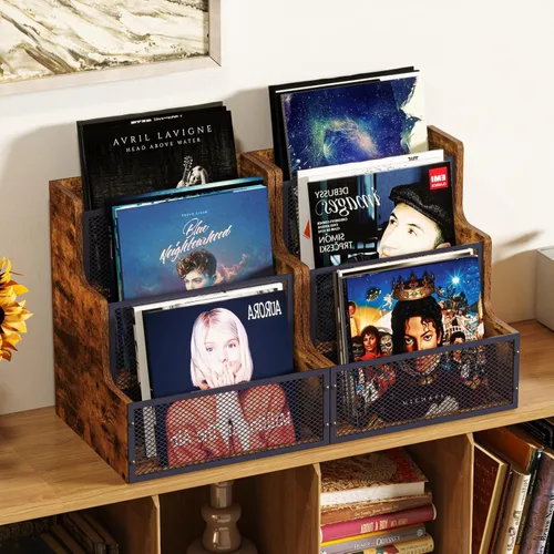 Miniatura 8 de Yuzehuaza Paquete de 2 cajas de almacenamiento de discos de vinilo LP escalonadas de 3 niveles, soporte para álbumes de discos de vinilo