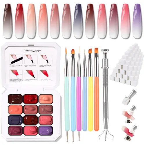 Miniatura 18 de Paleta de Esmalte de Uñas en Gel Sponge Pat, 12 Colores Mezcla Degradado Ombré Gel Polish Pintura Degradada Arte de Uñas, Sin Limpiar, Curado UV/LED
