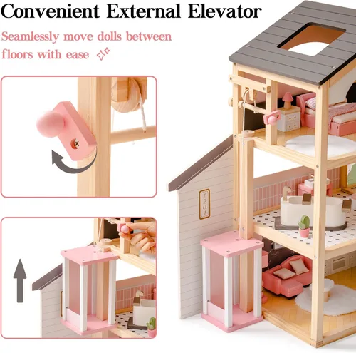 Miniatura 6 de ROBUD Casa de Muñecas, Casa de Muñecas de Madera con 6 Habitaciones, Set de Muebles de 29 Piezas, Ascensor Funcional, Garaje, Piscina, Regalo Ideal
