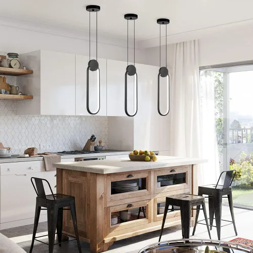 Miniatura 6 de Lámparas colgantes LED negras modernas, paquete de 2 unidades, diseño minimalista, iluminación colgante ovalada para isla de cocina, luz colgante