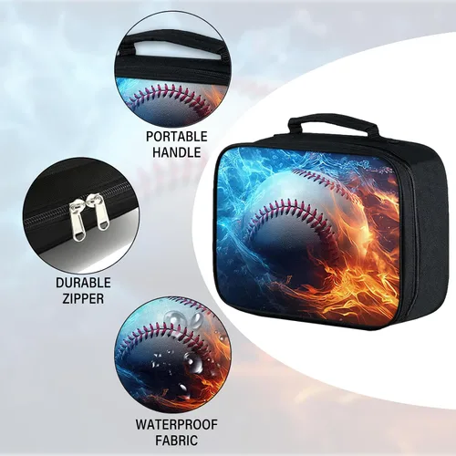 Miniatura 3 de Lonchera para niños, con aislamiento de béisbol, para niños, adolescentes, niños y niñas, con bolsillo con cremallera, bolsa de almuerzo portátil