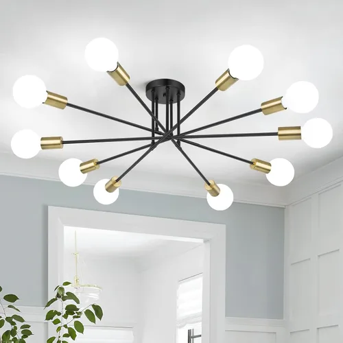 Miniatura 13 de Bosceos Lámpara de techo semiempotrada, lámpara de techo Sputnik moderna de 4 luces negras y doradas, lámpara de techo industrial para cocina