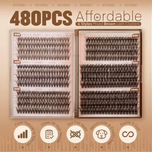 Miniatura 4 de JIMIRE - Racimos de pestañas marrones, 6 estilos mixtos, rizado D, extensiones de pestañas naturales, 476 piezas, racimos de pestañas esponjosas