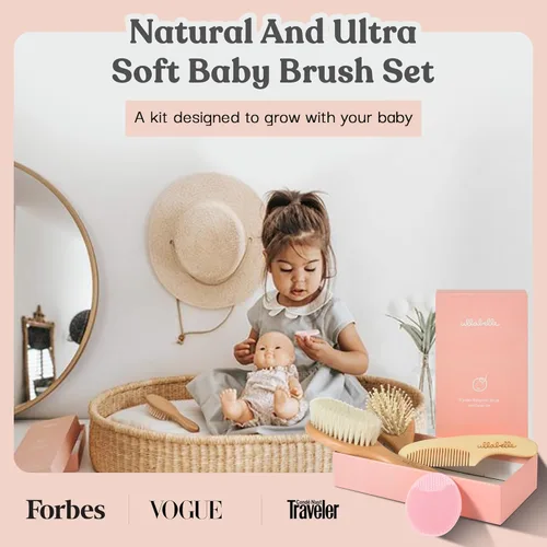 Miniatura 4 de Ullabelle Juego de 4 cepillos y peines de madera para el pelo del bebé para recién nacidos y niños pequeños en caja de regalo elegante, pelo natural