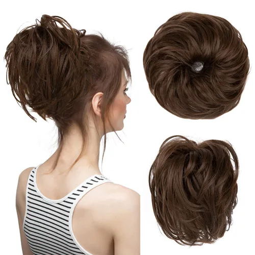 CJL HAIR - Extensión de cabello grueso, tipo coletero de chongo desordenado, ondulado/rizado, sintético, grande, para mujeres, marrón medio S-M