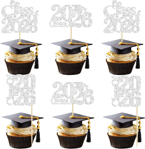 Miniatura 25 de 24 piezas 2026 decoraciones para cupcakes de graduación 2026 con purpurina clase de 2026 para graduación de graduación para felicitaciones 2026
