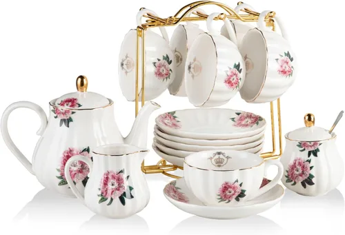 Miniatura 11 de Sweejar Juegos de Té de Porcelana Serie British Royal, Tazas y Platillos de 8 OZ para Servicio de 6, con Tetera Azucarero Jarra de Crema Cucharitas