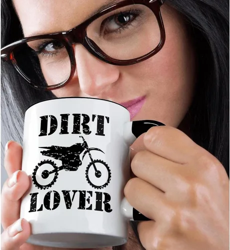 Miniatura 2 de 3dRose Ilustración envejecida de una moto de cross con texto negro amante de la suciedad 11oz taza negra de dos tonos