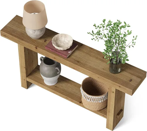 Miniatura 9 de Mesa consola de madera maciza de 63 pulgadas, mesa de entrada estrecha con estante de almacenamiento de 2 niveles, para pasillo, entrada, sala