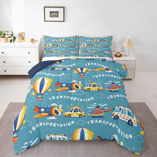 Erosebridal Juego de edredón de coches tamaño individual para niños y niños, juegos de edredón de helicóptero de avión, ropa de cama de globo
