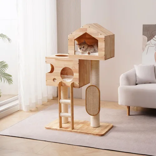 Miniatura 9 de SHENGOCASE Moderno castillo grande de madera maciza de goma maciza para gatos con cama grande cerrada, condominio, poste rascador y rascador