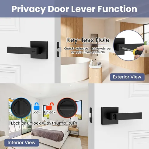 Miniatura 4 de Estmoon Cerradura de Puerta de Privacidad, Paquete de 10 Manijas de Puerta Sin Llave Negro Mate Interiores de Servicio Pesado Juego de Palancas