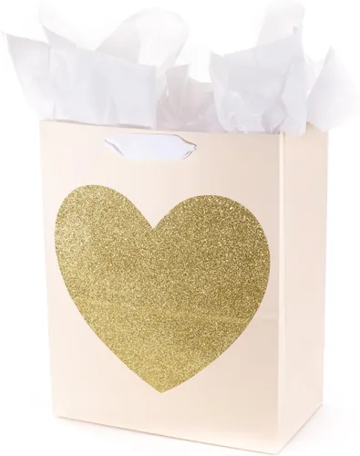 Miniatura 7 de Hallmark Bolsa de regalo grande de 13 pulgadas con papel de seda (follaje verde, corazón dorado) para bodas, compromisos, aniversarios, despedidas