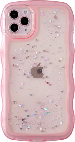 Miniatura 37 de Qokey Funda para iPhone 12 Pro Max de 6.7 pulgadas, diseño de onda rizada, borde transparente, brillante con purpurina, estrella brillante, bonita