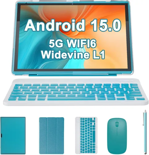 Tablet 2 en 1 con funda para teclado y ratón, tableta de 10 pulgadas Android 15 Tablets PC, 8 GB RAM+32 GB ROM compatible con 1 TB expandible, Azul