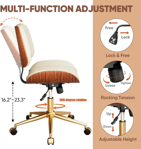 Miniatura 6 de Silla de escritorio de oficina en casa con ruedas giratorias, moderna silla de oficina sin brazos de piel sintética, pequeña silla de computadora