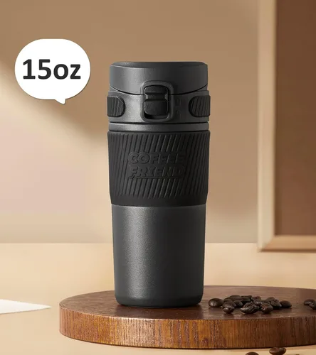 Miniatura 7 de TKK Taza de café de viaje de 15 onzas, taza de café aislada de acero inoxidable con tapa abatible, taza de viaje a prueba de fugas para café, té