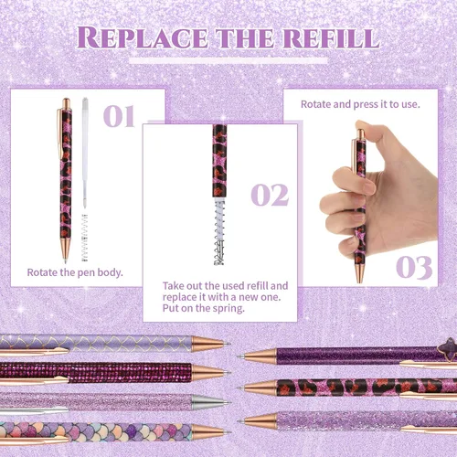 Miniatura 3 de Sherr 7 bolígrafos elegantes para mujer, lindos bolígrafos de purpurina brillantes con 10 recambios de tinta negra, bonitos regalos para niñas