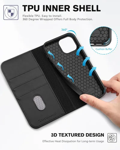 Miniatura 5 de TUCCH Funda tipo cartera para iPhone 13 5G, de piel sintética, con 3 ranuras para tarjetas, diseño de libro con soporte, funda interior de TPU a