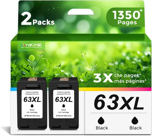 Ankink 63XL - Cartuchos de tinta de repuesto para HP 63 XL (negro, paquete de 2 unidades) funciona con HP63 3830 4650 4652 4655 5200 5252 5255 5258