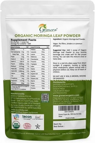 Miniatura 8 de Grenera Moringa en polvo orgánico Hoja de Moringa Oleifera Ingrediente a base de plantas Probado en laboratorio para calidad Mezcla fácil