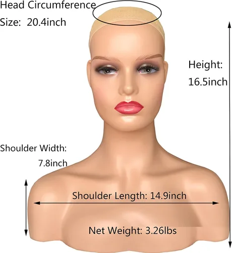 Miniatura 6 de Voloria Cabeza de maniquí femenino realista con maniquí de hombro Cabeza de PVC Busto Peluca Soporte de cabeza con maquillaje para pelucas, collar
