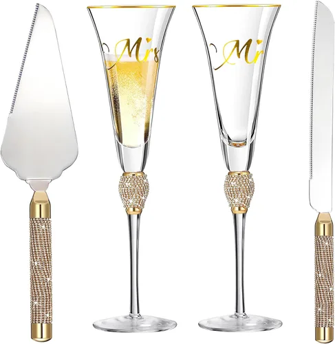 Juego de cuchillos y servidores para tartas de boda, copas de champán Mr y Sra. Juego de corte de pastel dorado, vasos para novia y novio