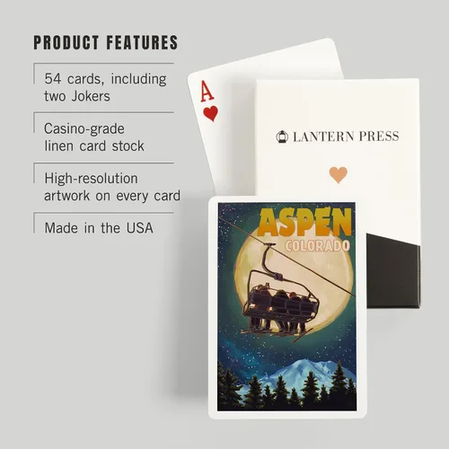 Miniatura 3 de Lantern Press Aspen, Colorado, Remonte de esquí y luna llena (52 cartas de juego, baraja de cartas de tamaño póquer con comodines)