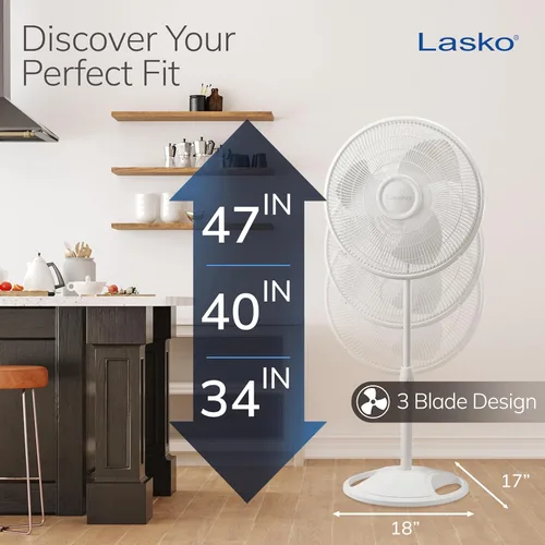 Miniatura 5 de Lasko Ventilador oscilante de pedestal – Ventilador de pie para dormitorio, sala de estar y oficina en casa – Altura ajustable – 3 velocidades