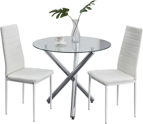 Miniatura 13 de Juego de mesa de comedor redonda negra para 2, mesa de cocina de vidrio templado con 2 sillas de piel sintética, juego de comedor de 5 piezas