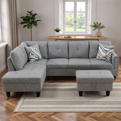 Miniatura 21 de Sofá modular de cuero en forma de L de 3 piezas – Sofá modular convertible con diván móvil y otomana de almacenamiento, uso multiescenario para sala