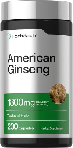 Horbäach Cápsulas de ginseng americano | 200 píldoras | raíz de quinquefolio de Panax | Suplemento sin OMG, sin gluten