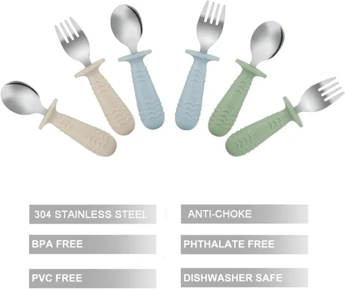 Miniatura 3 de PandaEar 6 Piezas Utensilios de Silicona de Acero Inoxidable para Bebés y Niños Pequeños Cubiertos Cuchara Tenedor para Bebés y Niños Pequeños Sin