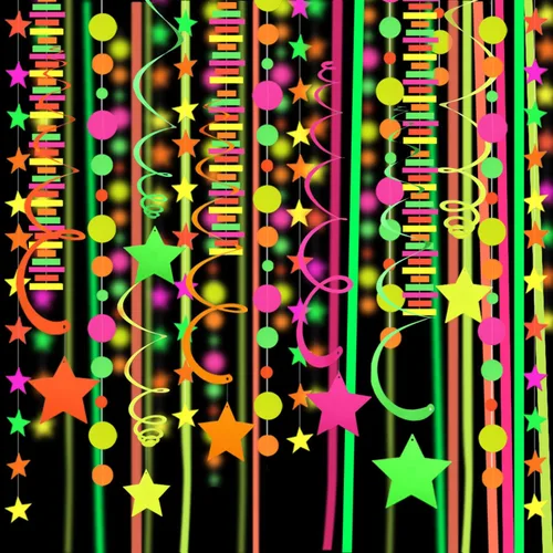 Miniatura 8 de Guirnalda de Papel Neón de 110 pies, Serpentinas Neón, Estrella Perforada, Decoraciones Neón de Luz Negra que Brillan para Fiestas, Reactivas a UV