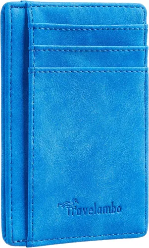 Travelambo billetera mediana y minimalista de cuero para bolsillo frontal, con bloqueo de interferencia de radiofrecuencia, Azul-cielo, Minimalista
