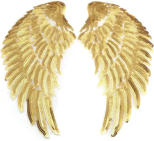 Juego de 1 par de alas de ángel negras de lentejuelas para ropa, parches bordados para planchar, accesorios de Navidad (1 par dorado)