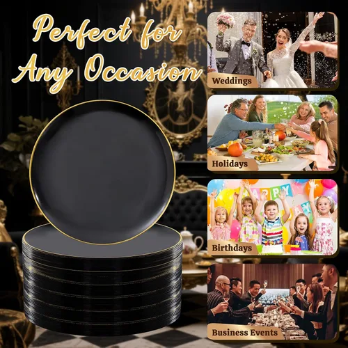 Miniatura 3 de Festiva 200 Piezas Platos de Postre Negro y Dorado de 6.3" con Tenedores de Plástico de 5"- Platos Desechables Pequeños- Platos de Plástico
